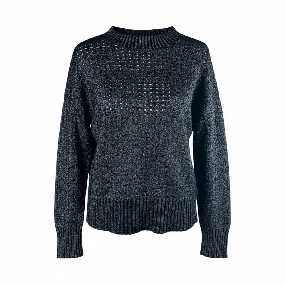 PURE Amici Black Metallic Lurex Open Knit Sweater Small Silver Shimmer Pullover